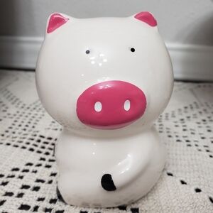 Vintage White Ceramic Pig Piggy Bank With Pink Nose And Ears